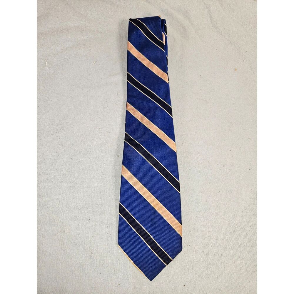 Polo Ralph Lauren Blue & Gold / Peach Striped Silk Repp Necktie 3"
